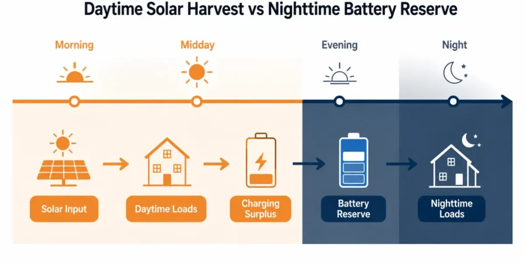 Baytime solar harvest vs nighttime battery reserve