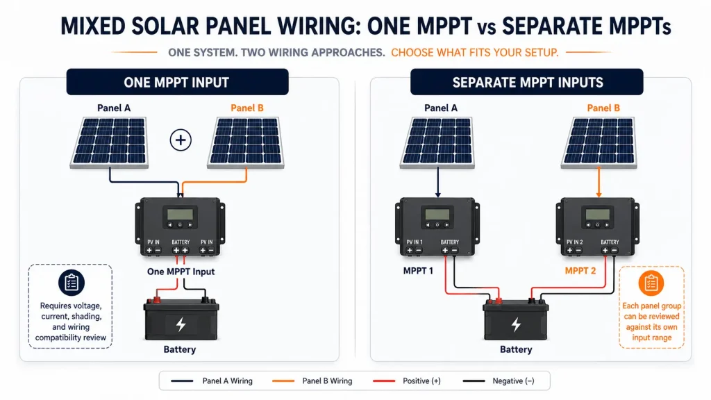 Comparison of one MPPT and separate MPPT inputs for mixed wattage solar panels