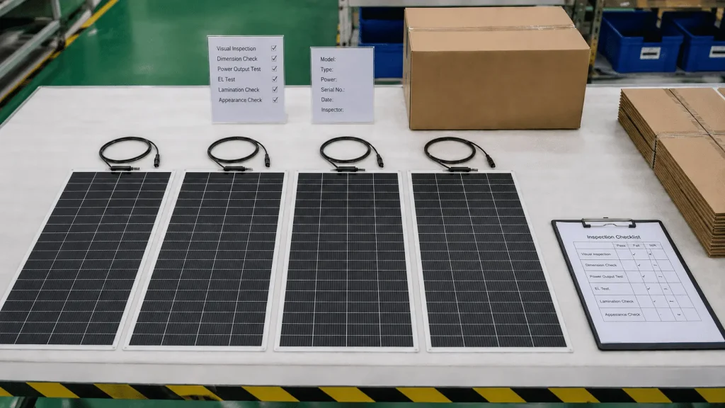 Flexible solar panels prepared for batch inspection, labeling, packaging, and production consistency review