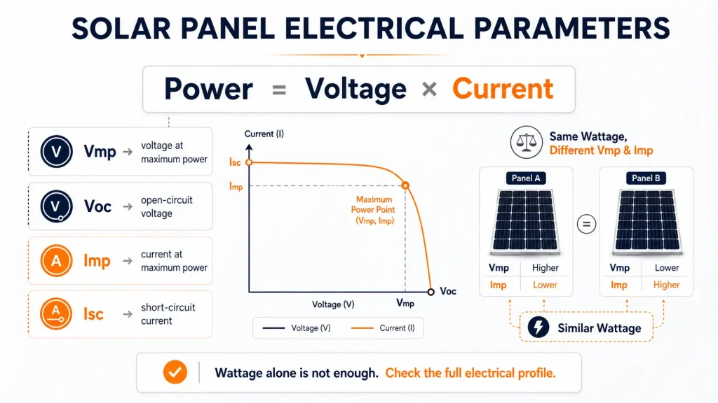 Solar panel Vmp Voc Imp and Isc parameters used to compare different wattages