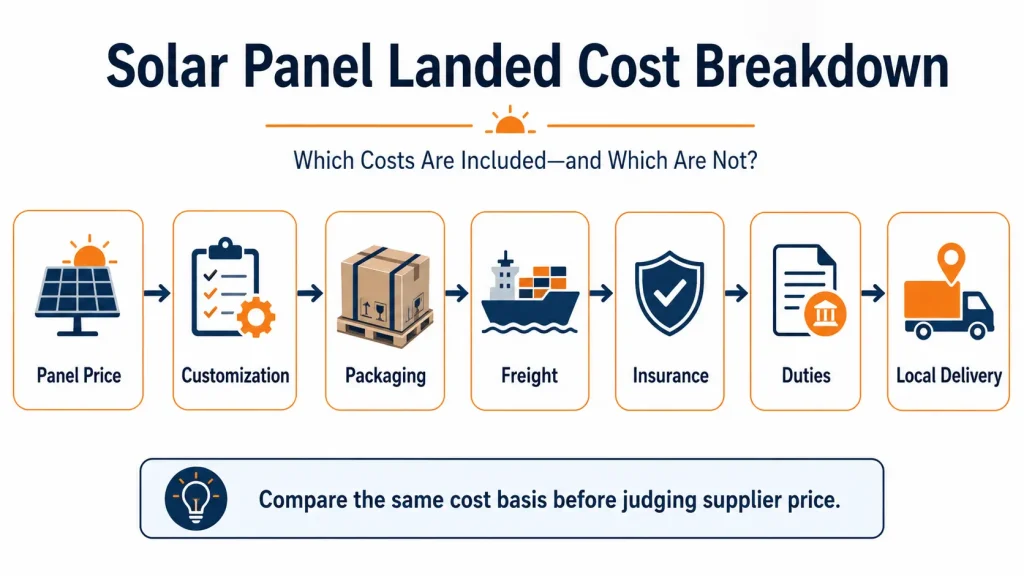 Solar panel landed cost breakdown from product price to freight, duties, and local delivery
