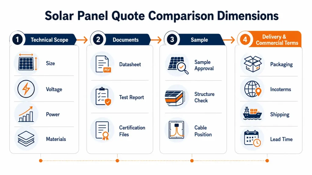 Solar panel quotation comparison workflow covering technical scope, documents, samples, and delivery terms